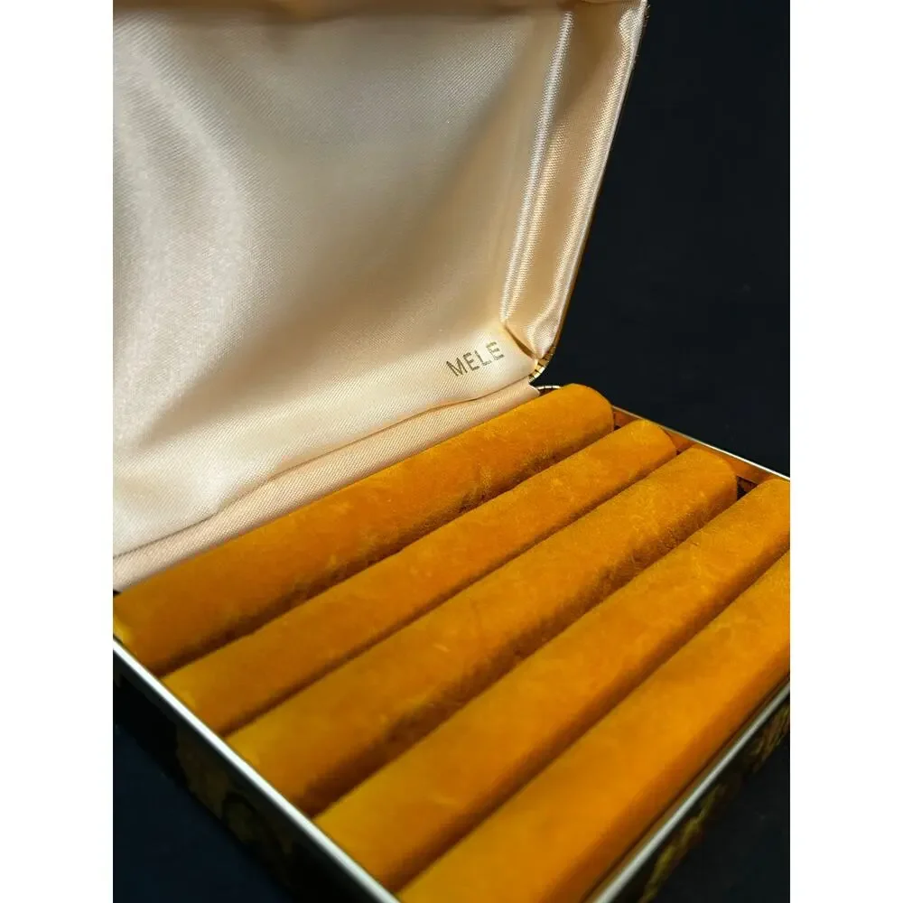 Vintage Mele MCM Floral Jewelry Box Ring Earring Case Mustard Velvet 1960s Mod